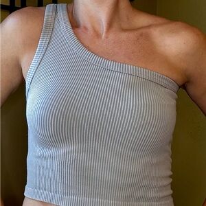 Gray Ribbed One-Shoulder Crop Top